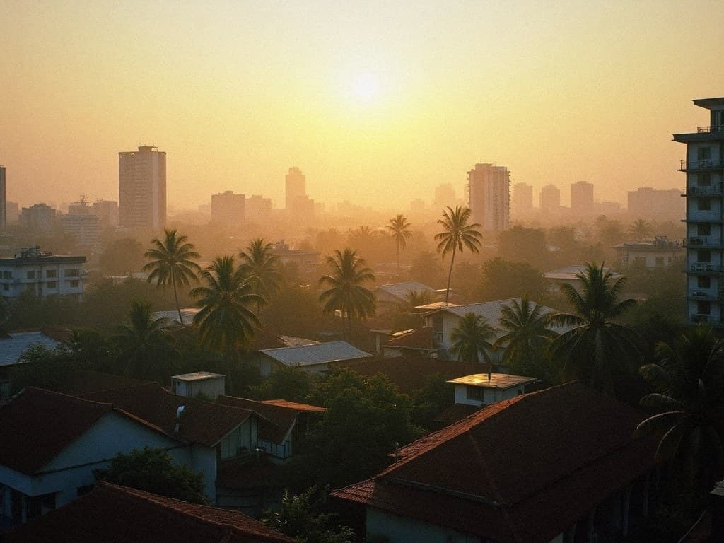 Manila at golden hour, layered rooftops and palms under warm haze