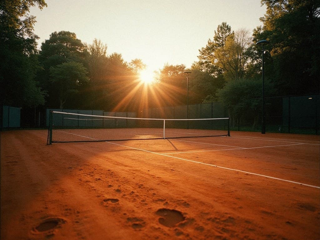 A tennis court in warm evening light